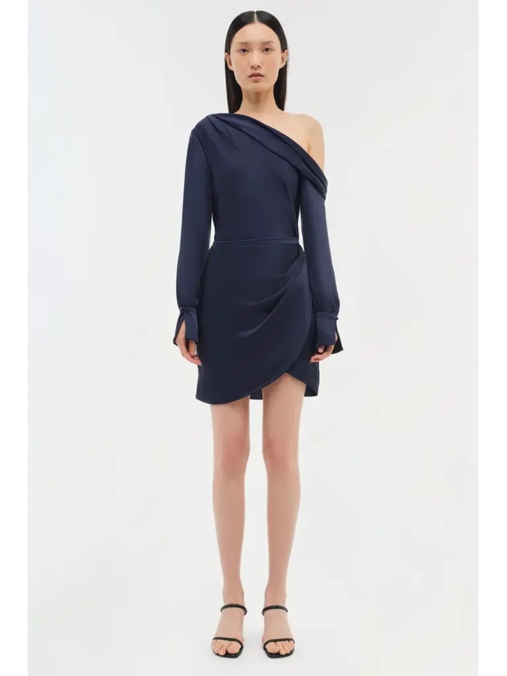 One-Shoulder Navy Asymmetric Wrap Dress